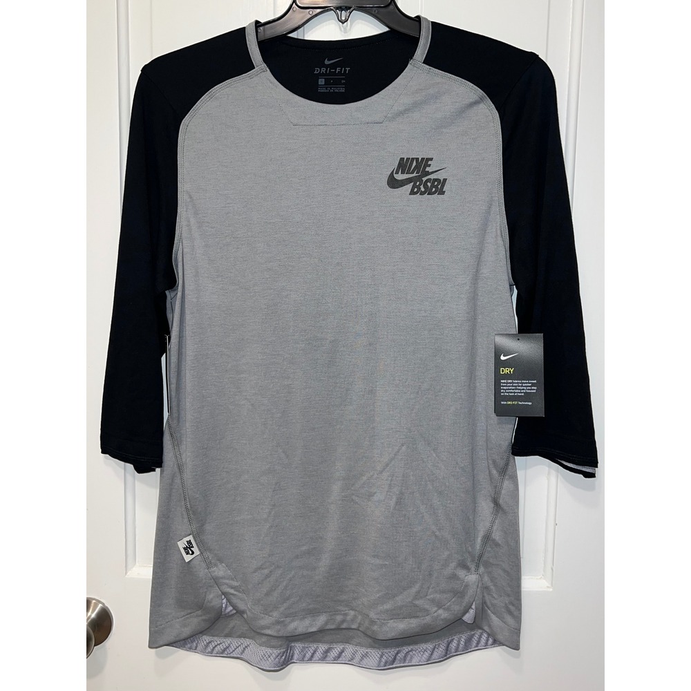 NEW Nike BSBL Dri-FIT 3/4 Sleeve Baseball Training Shirt Gray Black Mens Small